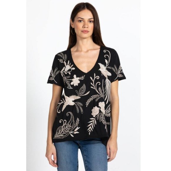 Johnny Was FRANKIE Everyday Tee Black Shirt Cotton Embroidery V Neck Shirt New - Picture 1 of 8